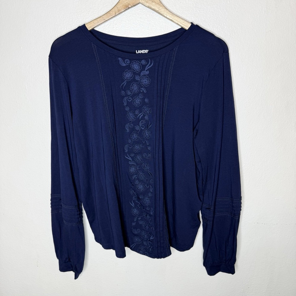 Lands‎ End Navy Blue Jersey Long Sleeve Pintuck Top Women's Large 14-16